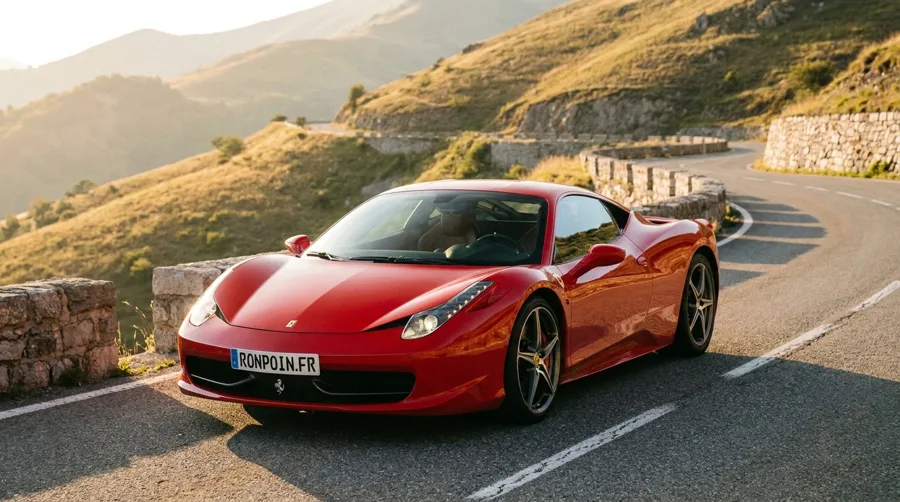 Ferrari 458 Italia rouge sur une route de col — les sportives sur Ronpoin.fr