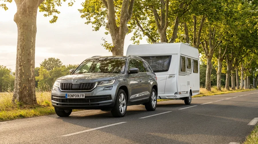 SUV familial tractant une caravane sur une route bordée de platanes