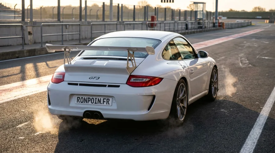 Porsche 911 GT3 blanche en sortie de stands sur circuit