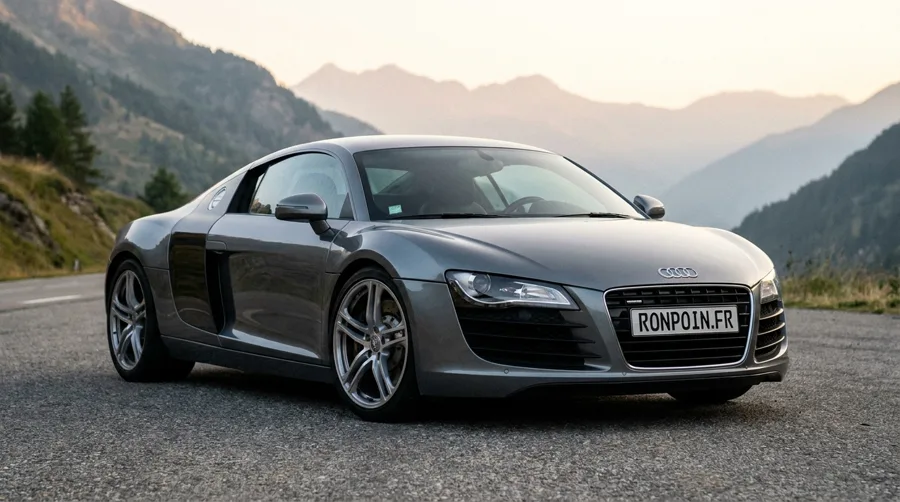 Audi R8 grise au lever du soleil sur une route de montagne