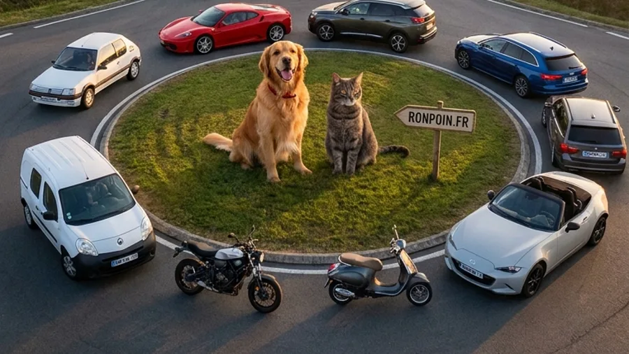 Thor et Paco au centre du rond-point Ronpoin.fr entourés de véhicules