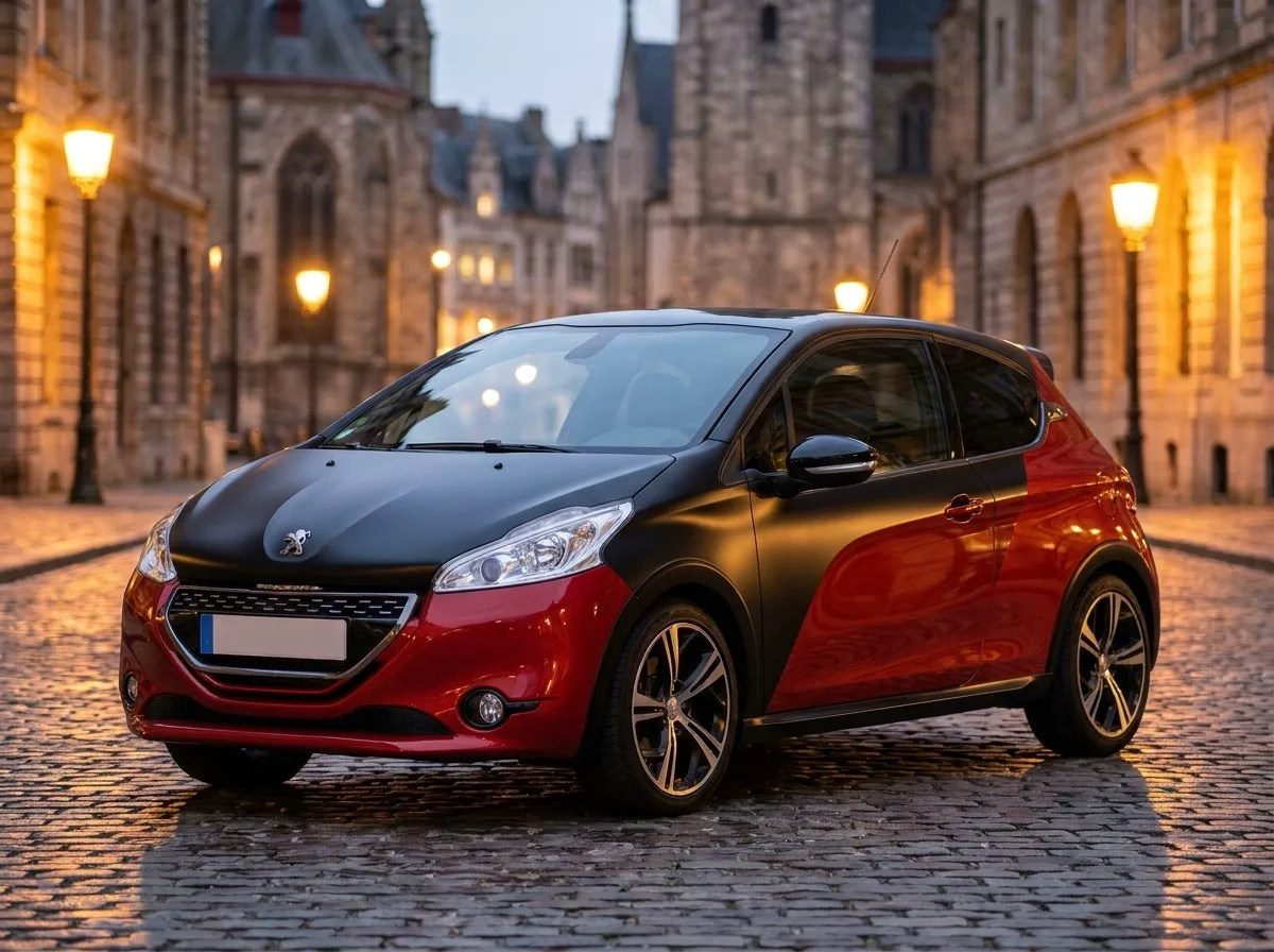 Peugeot 208 GTI 30th rouge et noire de nuit sur des pavés en centre-ville
