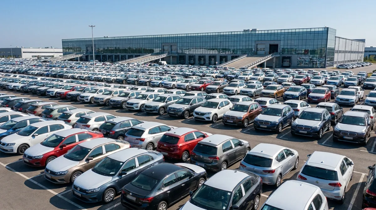 Vaste parc de mandataire automobile avec de longues rangées de voitures récentes alignées au soleil