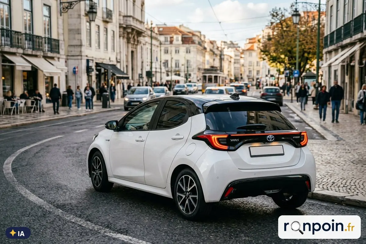 Toyota Yaris hybride blanche de trois quarts arrière — illustration générée par IA