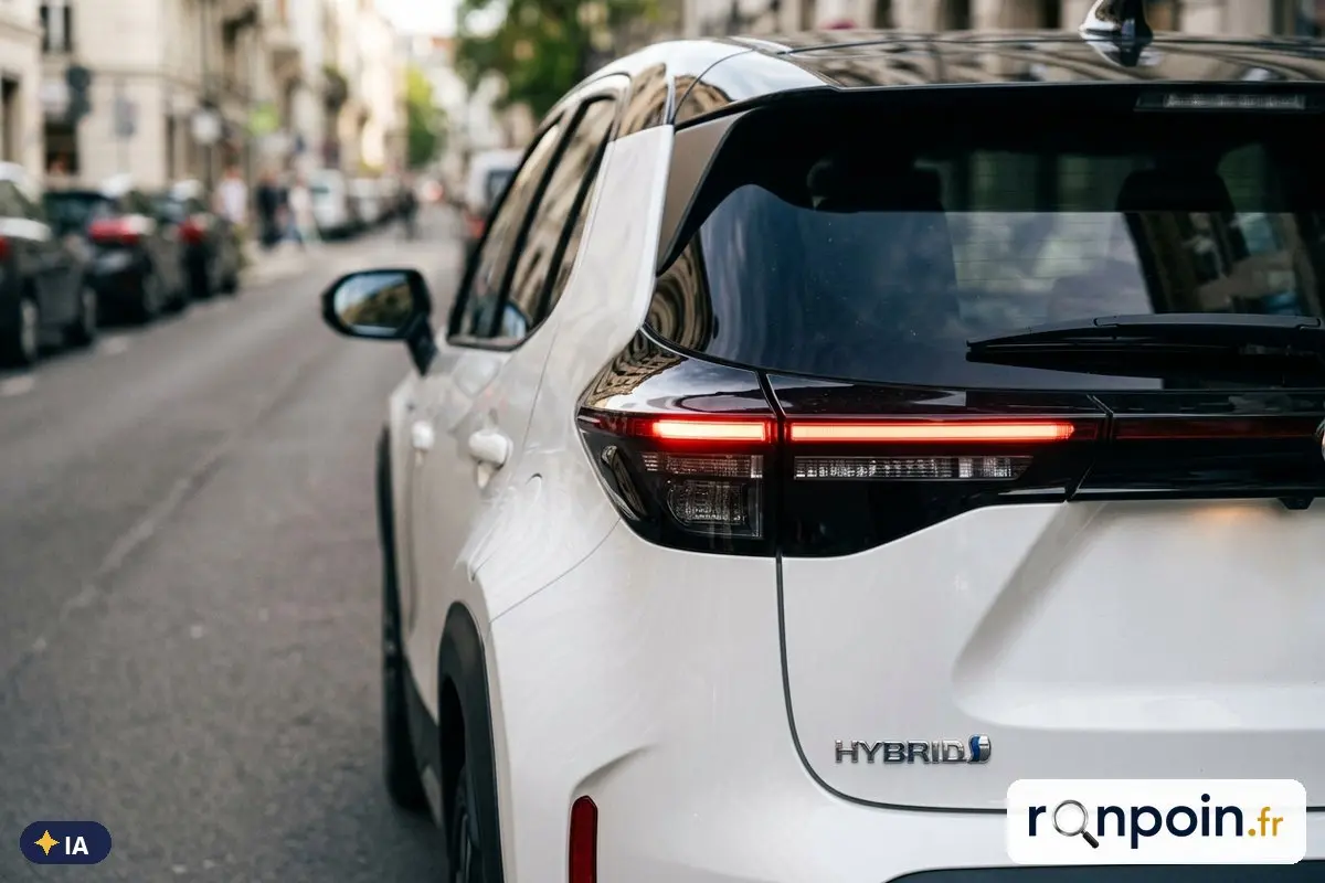 Feu arrière et badge hybride d'une Toyota Yaris — illustration générée par IA