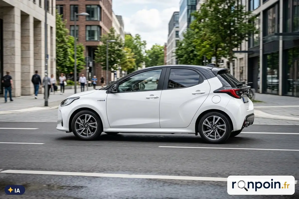 Toyota Yaris hybride blanche de profil — illustration générée par IA